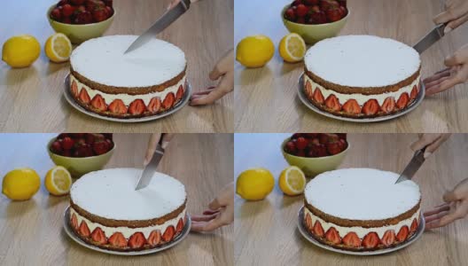 用刀切一片草莓蛋糕高清在线视频素材下载