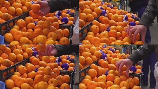 女人挑选橘子水果，在街头市场买。人们在市场上买新鲜的橙子。超高清索尼4K拍摄高清在线视频素材下载