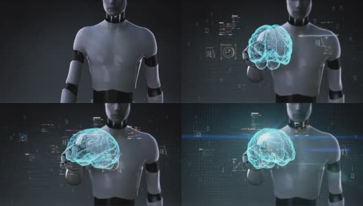 1 .机器人，半机械人触摸数字大脑，圆点连接的大脑形状，数字显示界面中的数字线，成长未来的人工智能高清在线视频素材下载