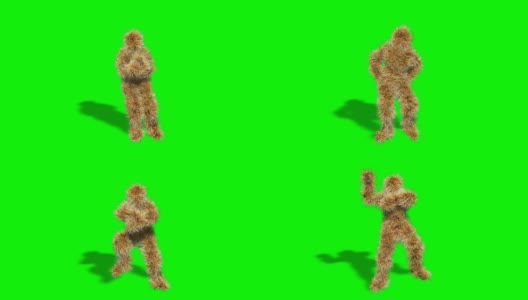 有趣的毛发鲜艳的角色跳舞江南Style在绿色的背景高清在线视频素材下载