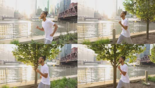 非裔美国人沿着芝加哥河晨跑高清在线视频素材下载