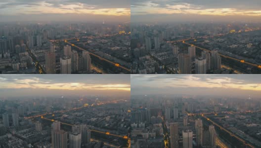 鸟瞰图的城市景观日落，西安，中国。高清在线视频素材下载