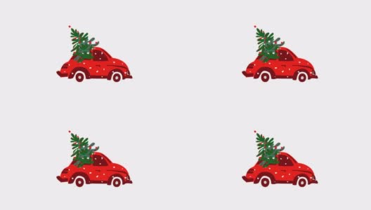 动画。4 k。红色复古车和装饰圣诞树在暴风雪。假日旗帜。圣诞贺卡。新年的概念。设计元素孤立在白色背景上。资料片高清在线视频素材下载