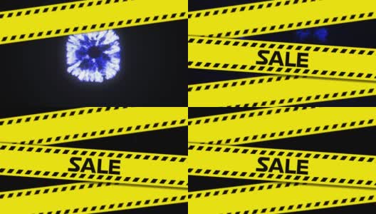 在黄色危险胶带上的动画销售文本，在黑色背景上蓝色烟雾爆炸高清在线视频素材下载