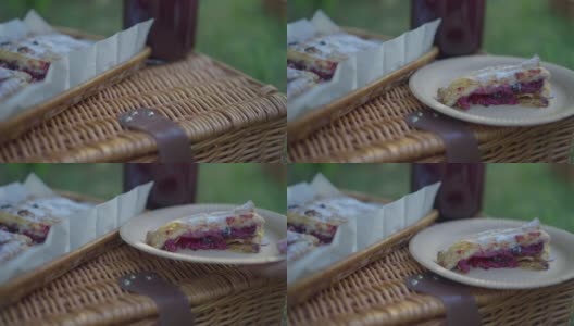 特写女手把派片放在盘子上的野餐篮子在户外。在秋春公园，一个陌生的年轻白人女子正在准备甜点。高清在线视频素材下载
