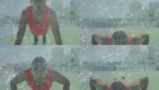 男运动员用无线耳机做俯卧撑的网络通讯动画高清在线视频素材下载
