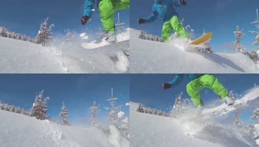 近距离观察一名面目不明的职业滑雪板运动员在下坡时跳向空中高清在线视频素材下载