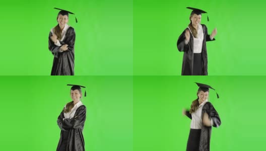 白人女子绿屏剪出毕业长袍大学学院高清在线视频素材下载