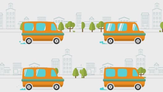 以城市为背景的货车动画。二维动画。移动的城市背景。卡通车高清在线视频素材下载