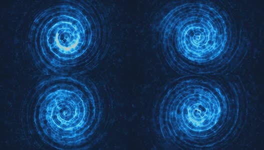抽象同心线运动数字闪烁火花蓝色粒子与圆形流动在蓝色背景，新技术能源高清在线视频素材下载