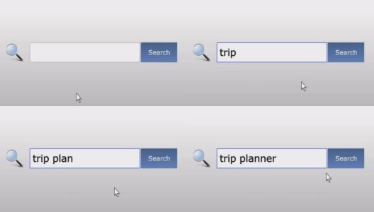 旅行计划-图形浏览器搜索查询，网页，用户输入搜索相关结果，计算机互联网技术。网页浏览打字字母，填写表格按下查找按钮，导航到搜索结果页面，在线工作高清在线视频素材下载