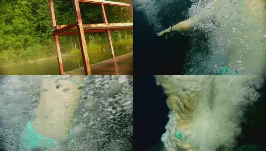 一个穿着绿松石泳衣的年轻女子跳入水中，有很多泡泡高清在线视频素材下载