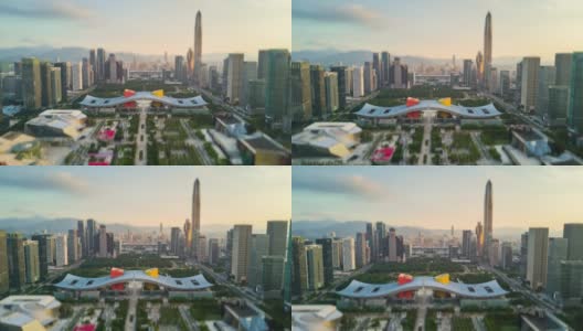 深圳城市风景日落天空市中心市政厅航拍全景4k倾斜移位时间推移中国高清在线视频素材下载