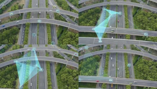 自动驾驶的概念，与移动的汽车的道路交叉口鸟瞰图高清在线视频素材下载