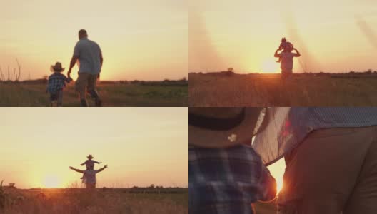 SLO MO父亲和儿子一起在一个田野在日落的质量时间高清在线视频素材下载