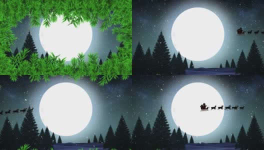 圣诞老人在驯鹿拉雪橇的黑色剪影动画高清在线视频素材下载