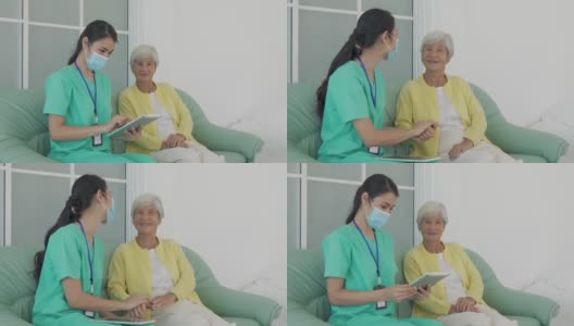 亚洲护士在家客厅用平板电脑对老年患者进行咨询和跟踪护理，在进行家庭保健时在家与医生进行健康咨询和医疗报告。高清在线视频素材下载