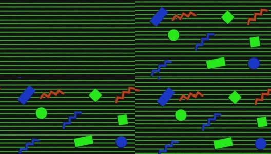动画重复绿色，蓝色和红色几何形状在绿色和黑色平行线高清在线视频素材下载