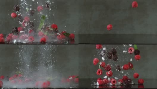 冰冻的浆果，冰和薄荷叶以超级慢动作落下。使用幻影Flex 4K相机拍摄。高清在线视频素材下载