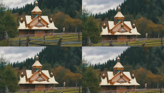 山上美丽的金色东正教教堂。乌克兰最高的山村，Dzembronya高清在线视频素材下载