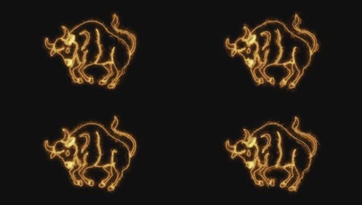 黄道星座金牛座在火动画上的黑色背景。高清在线视频素材下载