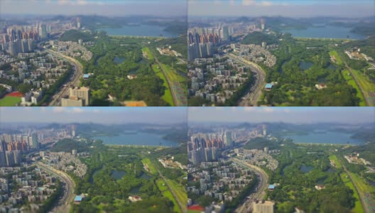 深圳市晴天公园航拍全景4k倾斜移位中国高清在线视频素材下载
