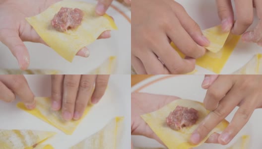 孩子的手在家做饺子，烹饪的概念。高清在线视频素材下载