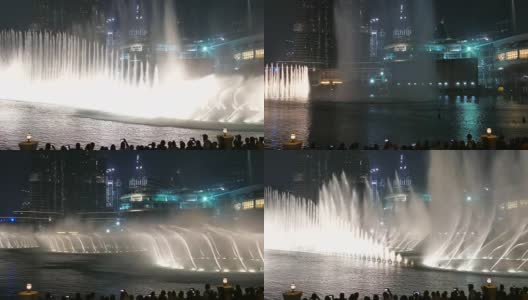迪拜市中心哈利法塔和迪拜购物中心附近的跳舞喷泉高清在线视频素材下载