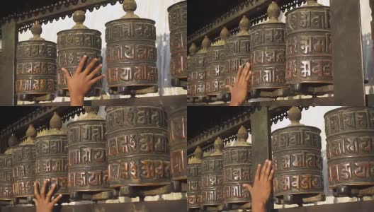 尼泊尔加德满都的祈祷轮。慢动作高清在线视频素材下载