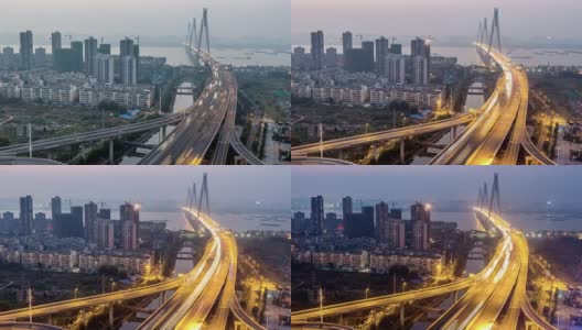 武汉大桥从白天到夜晚，时间在夜晚流逝高清在线视频素材下载