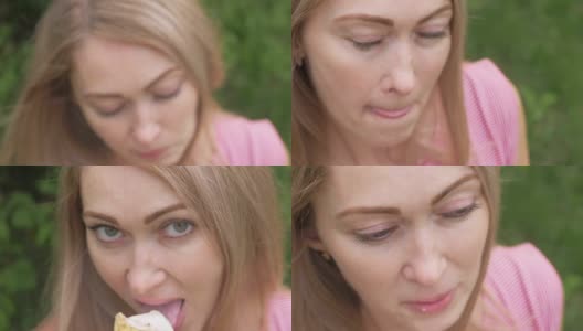 女人舔冰淇淋。那个女孩正在舔着美味的冰淇淋。草莓味蛋卷冰淇淋是她夏天最喜欢吃的菜。夕阳的光芒在镜头里闪耀。高清在线视频素材下载
