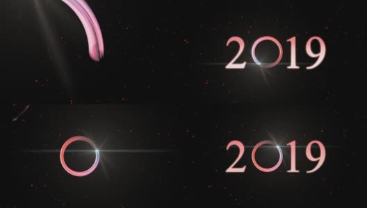 4k剪辑2019文字与闪耀光学耀斑光粒子星系黑暗背景，新年庆祝和贺卡的概念高清在线视频素材下载