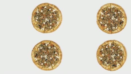旋转披萨与烟熏香肠和橄榄在白色的背景。俯视图中心方向高清在线视频素材下载