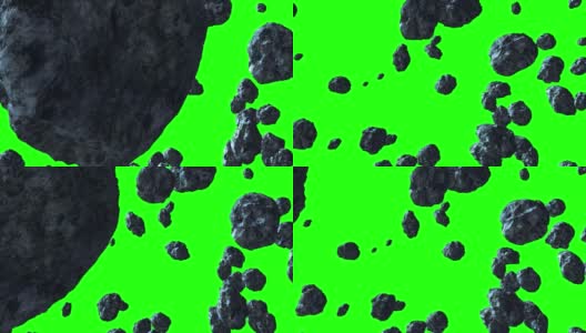 小行星在绿色背景下从左向右缓慢飞行。空间动画可以用于视频编辑，也可以作为演示的背景或屏幕保护程序高清在线视频素材下载