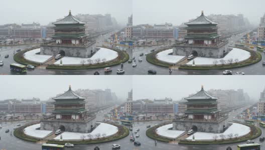 雪中的古老钟楼，中国西安。高清在线视频素材下载