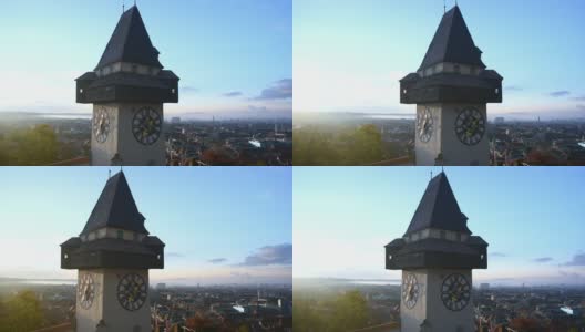 清晨，奥地利斯蒂里亚地区格拉茨市的著名景点之一，施洛斯贝格山上的钟楼高清在线视频素材下载