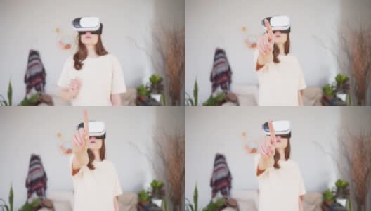 虚拟触觉。在网上购物。年轻女子戴着白色虚拟现实头盔高清在线视频素材下载