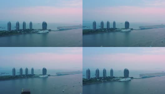 日落天空海南岛著名的三亚凤凰酒店空中全景4k中国高清在线视频素材下载