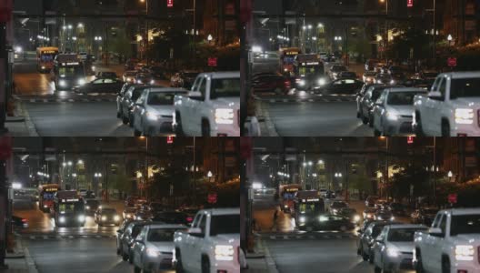 巴尔的摩晚间城市街。公共交通巴士，日常交通和街灯背景。马里兰高清在线视频素材下载