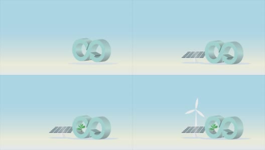 循环经济标志，带有风力发电机和太阳能电池板。为实现消除浪费和污染、自然资源再生和再利用的可持续发展战略目标。高清在线视频素材下载