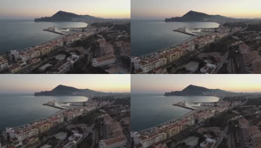 Altea西班牙日落无人机飞行鸟瞰城市海港高清在线视频素材下载