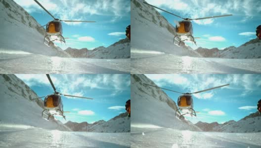 SLO MO LD直升机在结冰的地面上空盘旋高清在线视频素材下载