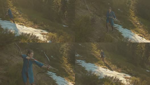 身着戏服的弓箭手去山林打猎高清在线视频素材下载