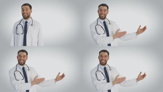 中景一个医生做展示手势和微笑。拍摄在白色背景。高清在线视频素材下载