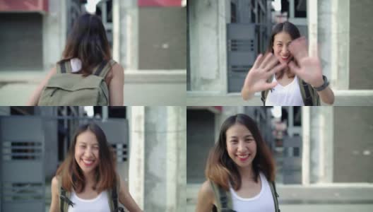 慢动作-亚洲背包女感觉快乐旅行在北京，中国，快乐美丽的年轻少女博主女行走在唐人街。生活方式背包旅游度假概念高清在线视频素材下载