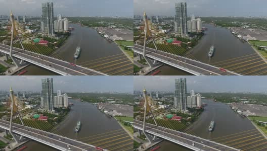 泰国曼谷普密蓬大桥的交通状况高清在线视频素材下载