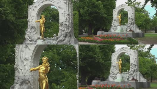 约翰·施特劳斯的镀金青铜纪念碑是维也纳最著名和拍摄频率最高的纪念碑之一。城市公园是维也纳历史遗迹最多的公园。高清在线视频素材下载