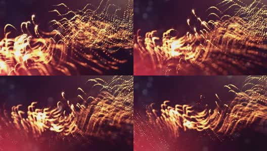 发光粒子的3d渲染循环动画形成摆动线作为摆动的花环作为节日背景或抽象背景的粒子与景深和散景像vj循环。红金20高清在线视频素材下载