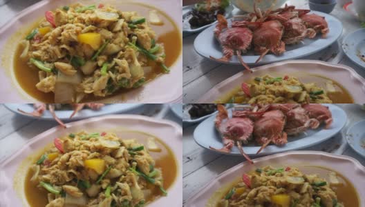 泰国中式海鲜。清蒸青蟹及咖喱粉蟹肉高清在线视频素材下载