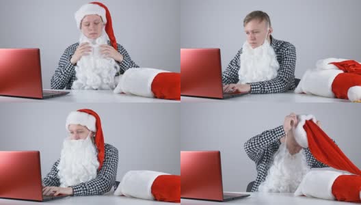 一个年轻人戴着胡子和圣诞帽，每秒50帧高清在线视频素材下载